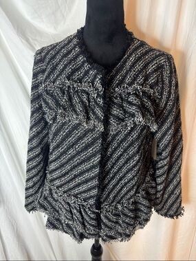Ann Taylor Black & White Tweed Fringe Collar Jacket